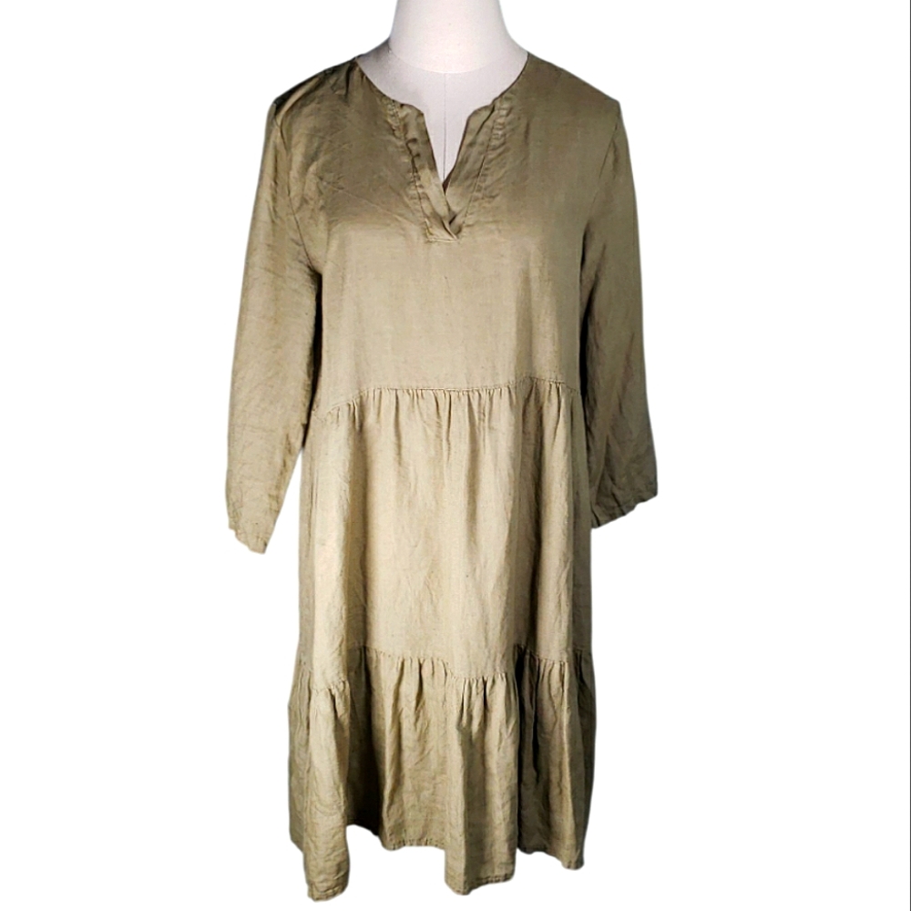 Linen Tiered Oversize Mini Dress Boho Coastal Lagenlook Casual Vacation S Linen